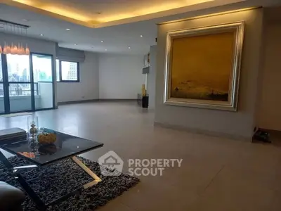 Spacious modern living room with city view and elegant decor