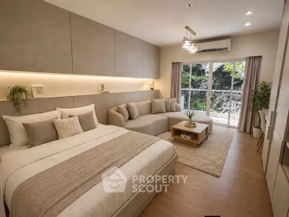 Luxurious bedroom with modern decor and large window view