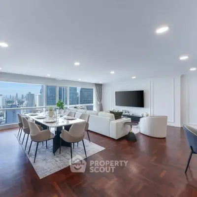 Luxurious open-plan living room with stunning city views and elegant dining area.