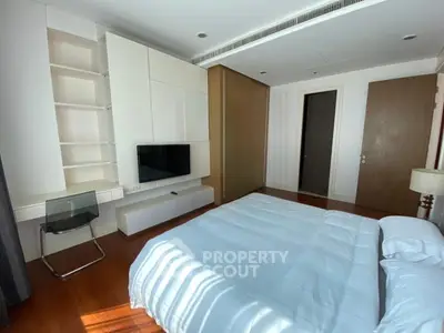 Spacious modern bedroom with sleek built-in storage and natural light