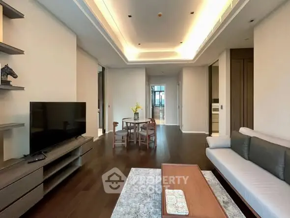 Luxurious modern living room with elegant decor and ambient lighting