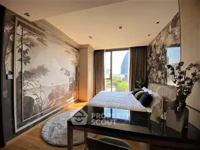 Luxurious bedroom with stunning city view and elegant decor