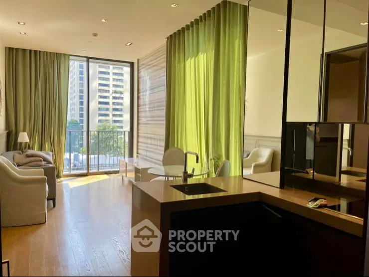 Luxurious modern living room with elegant decor and large windows