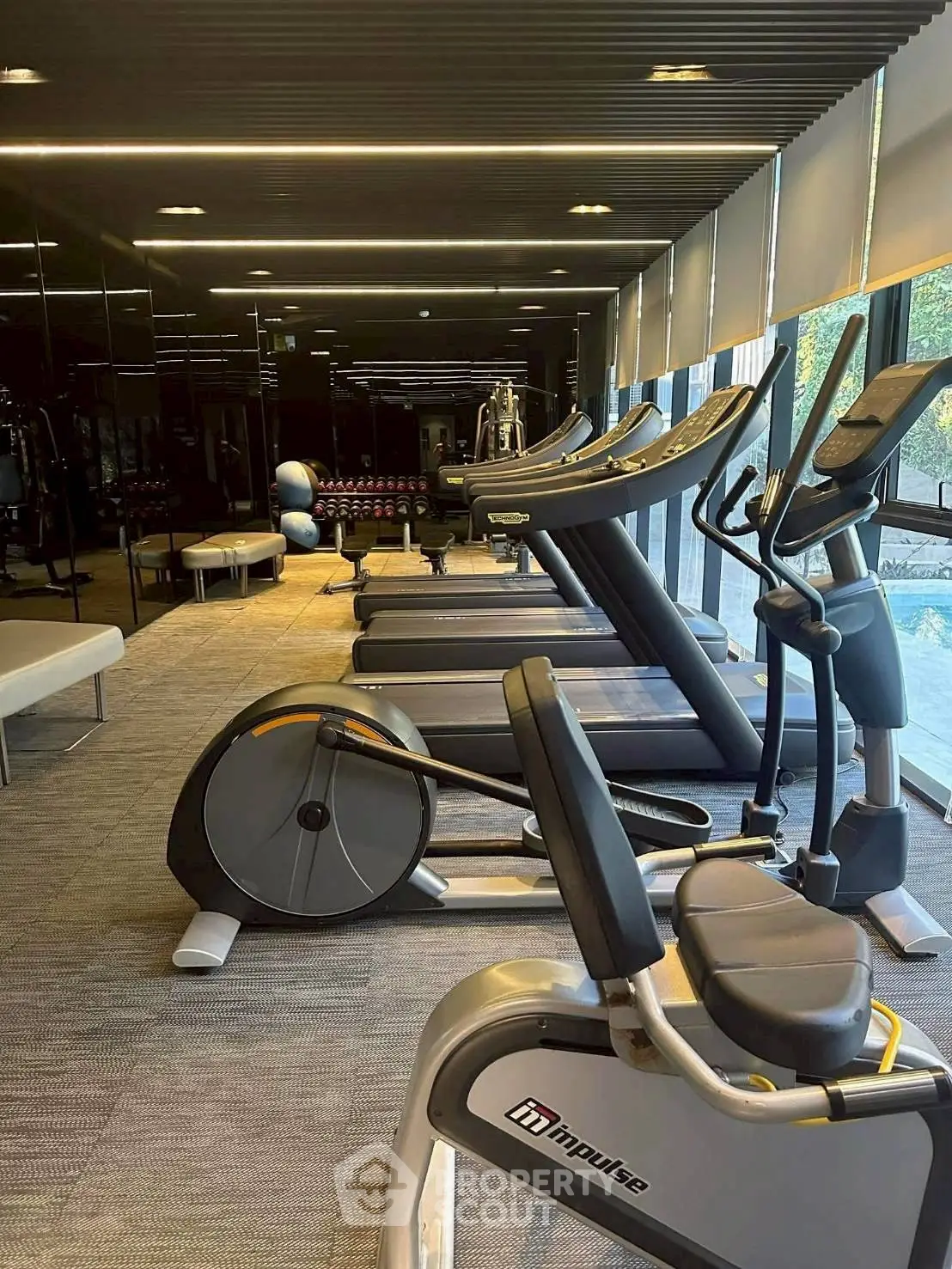 Modern gym with state-of-the-art equipment and large windows for natural light.