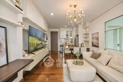 Luxurious living room with elegant chandelier and modern decor