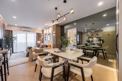 Luxurious modern living room with elegant dining area and stylish decor