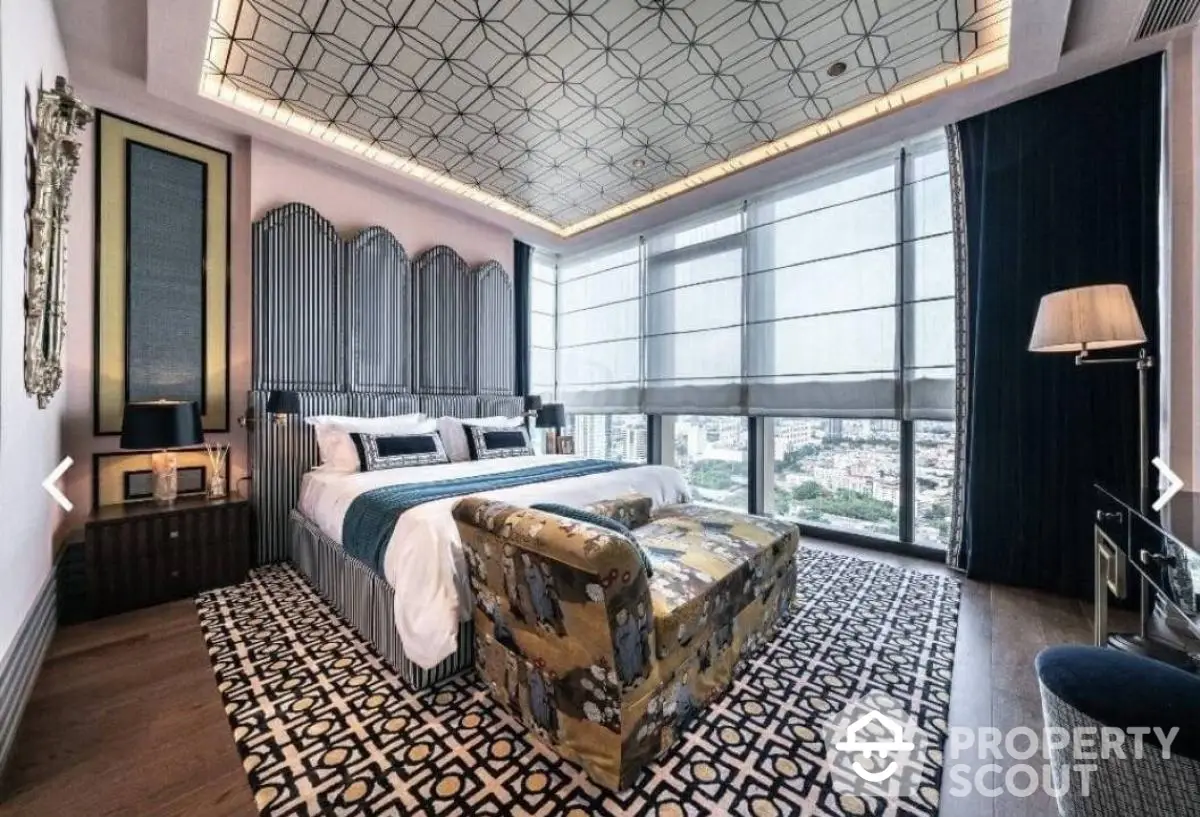 Luxurious bedroom with panoramic city view and elegant decor