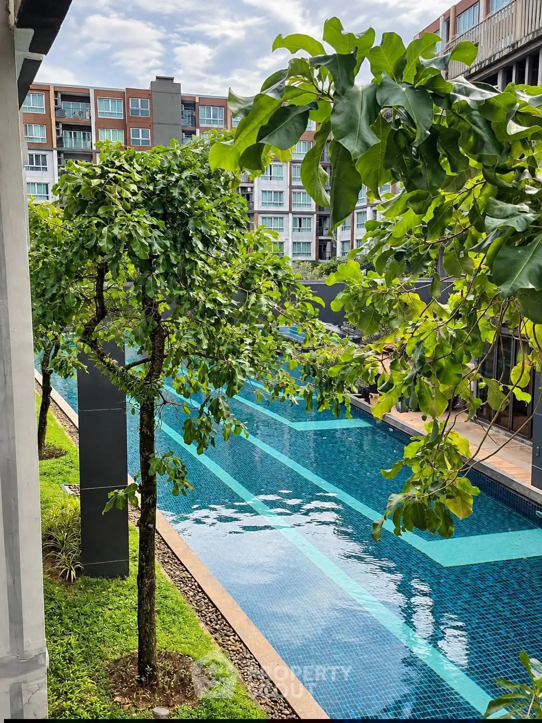 Luxurious apartment complex with a stunning outdoor pool surrounded by lush greenery.