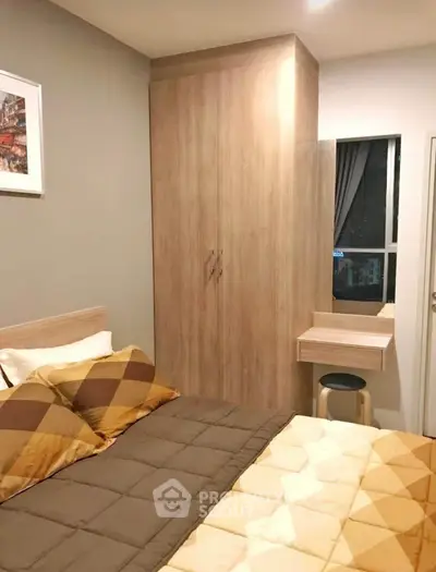 Cozy bedroom with modern wooden wardrobe and stylish decor