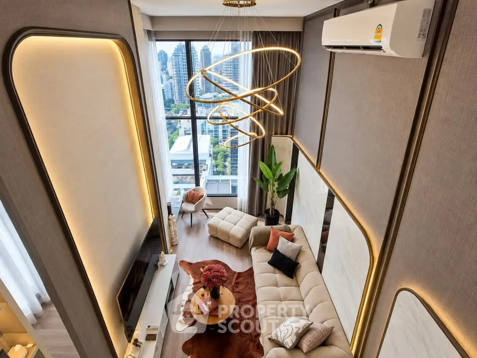 Luxurious high-ceiling living room with modern decor and city view