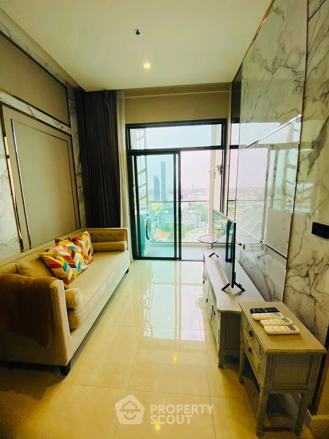 Luxurious living room with stunning city view and elegant decor