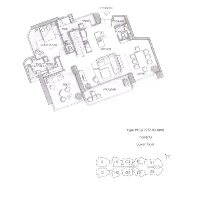 Spacious floor plan of luxury apartment with open kitchen, living, dining, and study areas, plus guest room and verandah.