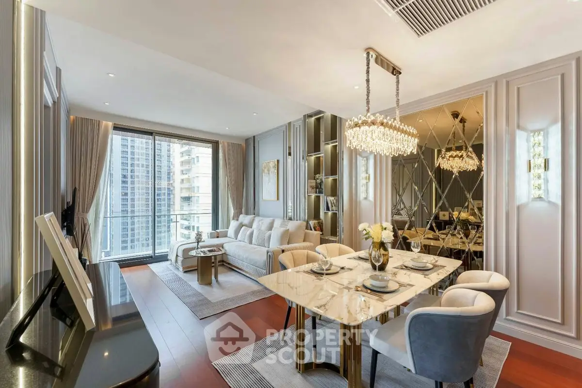 Luxurious modern living room with elegant dining area and city view balcony, featuring chic decor and ambient lighting.