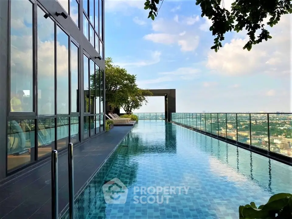 Luxurious rooftop infinity pool with stunning city views and modern glass architecture.