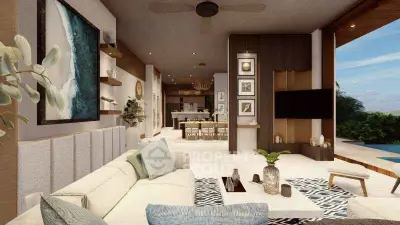 Luxurious open-plan living room with modern decor and pool view, perfect for relaxation and entertainment.