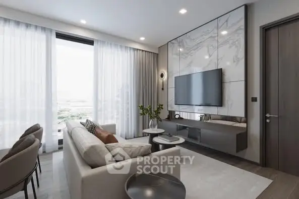 Modern living room with sleek design and large window view