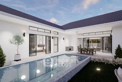 Luxurious modern villa with private pool and elegant outdoor dining area, perfect for relaxation and entertainment.
