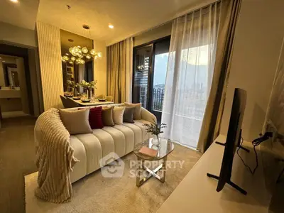 Luxurious living room with modern decor, plush sofa, and city view balcony.