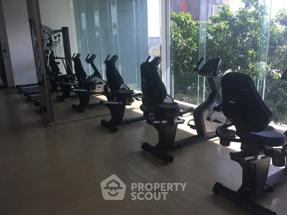 Modern gym with state-of-the-art exercise bikes and floor-to-ceiling windows offering lush greenery views.