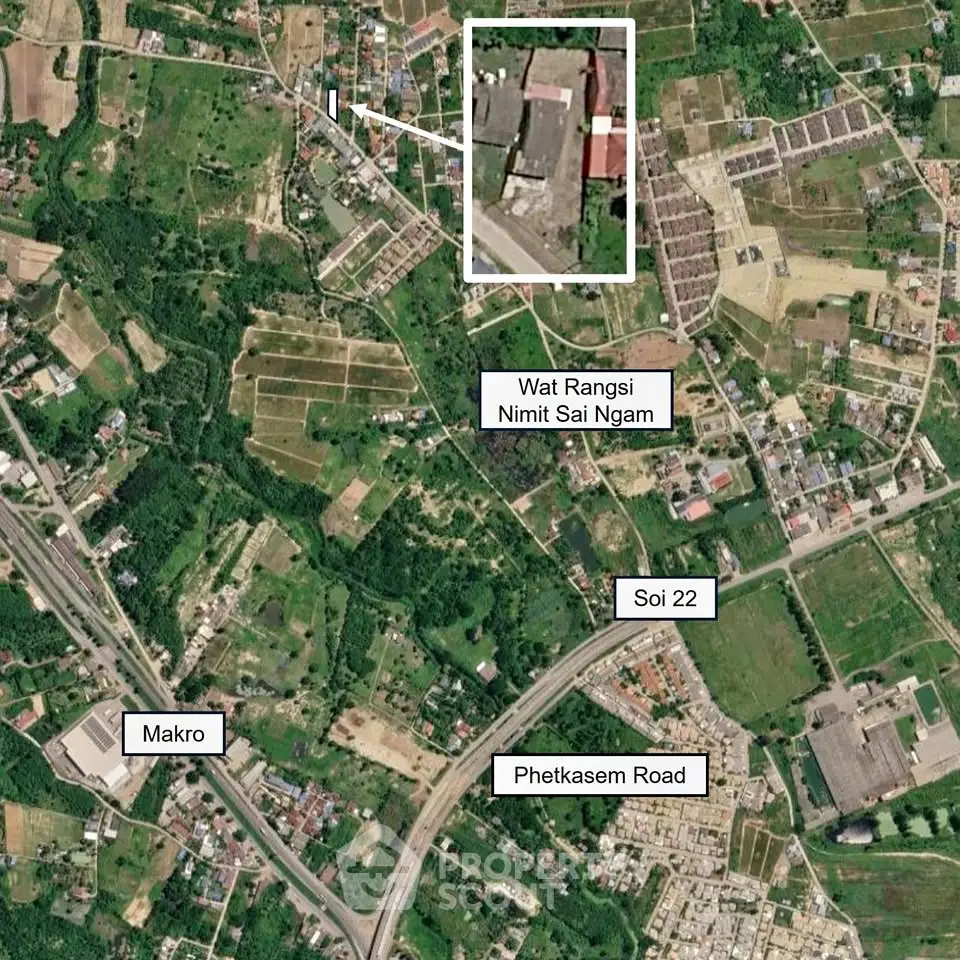 Aerial view of a residential area near Phetkasem Road with labeled landmarks and roads.