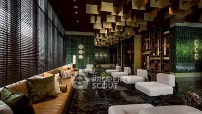 Luxurious modern living room with unique ceiling design and elegant seating area.