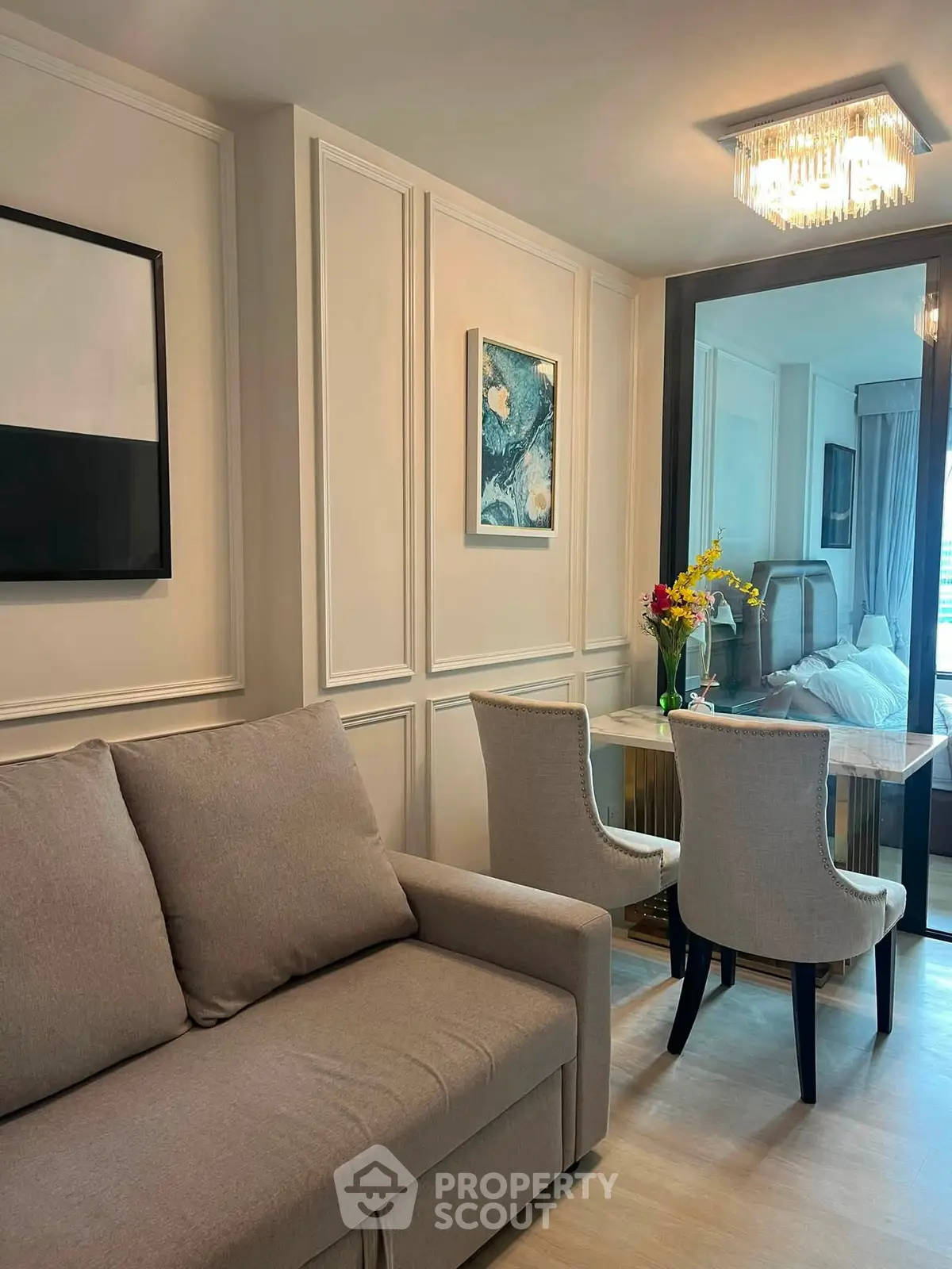 Elegant living room with modern decor and cozy seating area