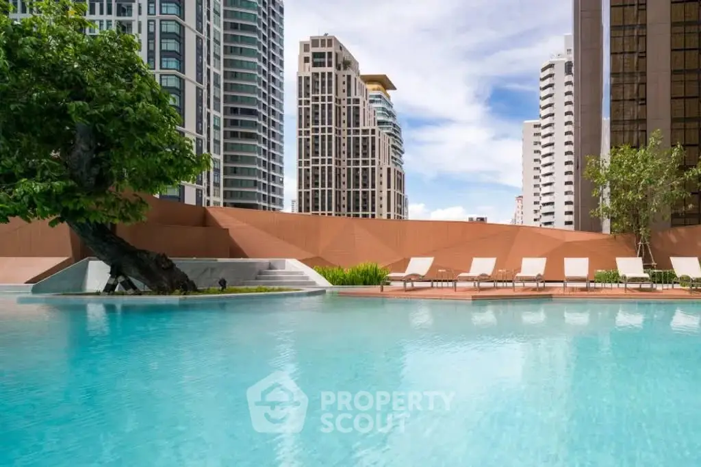 Luxurious urban pool with skyline view, perfect for relaxation and leisure in a modern residential complex.