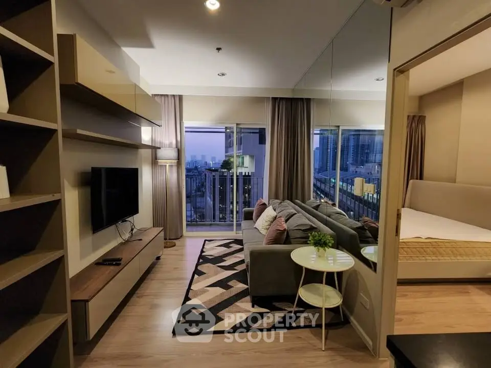 Modern living room with city view, stylish furniture, and cozy ambiance.