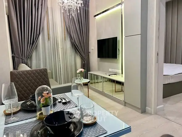 Luxurious modern living room with elegant dining setup and stylish decor