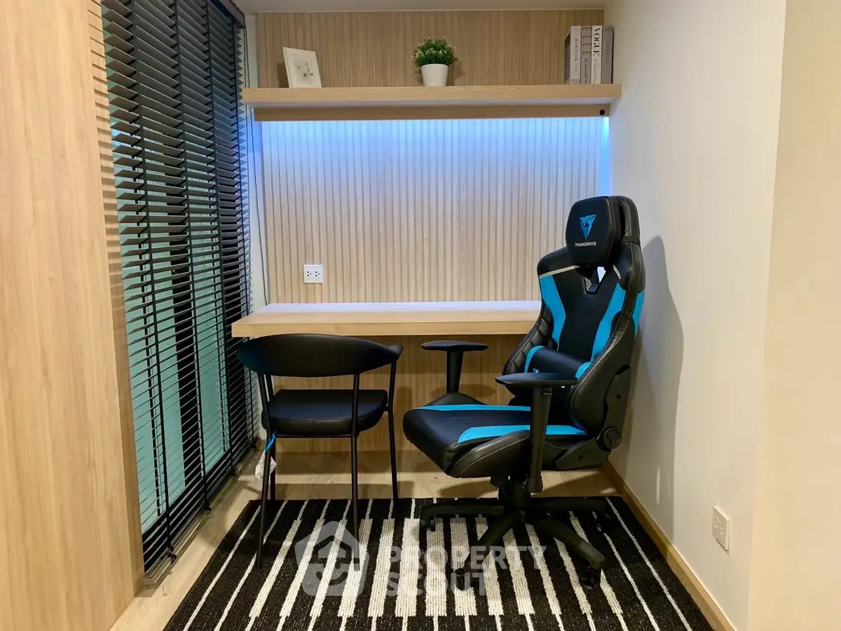 Modern study nook with ergonomic chair and stylish desk in cozy apartment