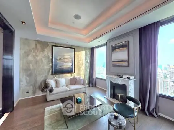 Luxurious living room with modern decor and stunning city views