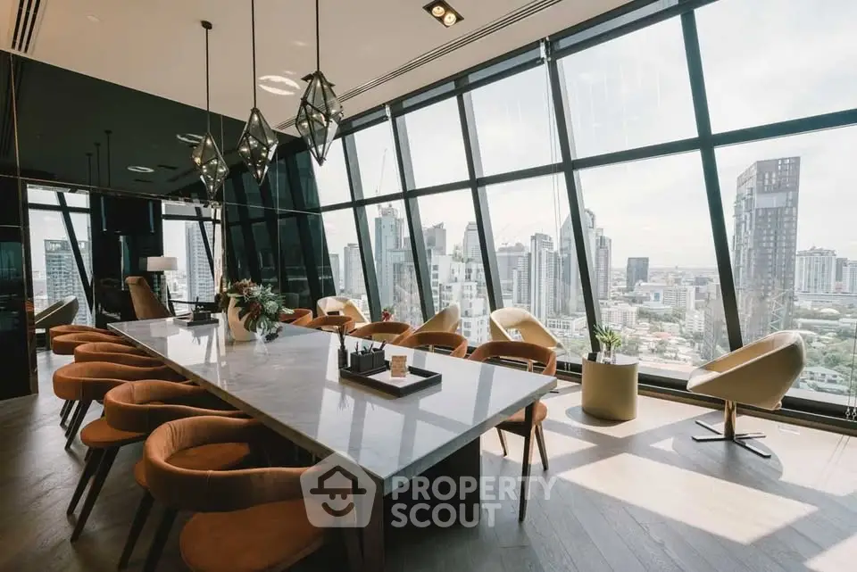 Luxurious modern dining area with panoramic city views and elegant decor