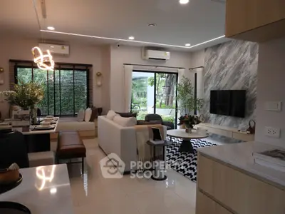 Luxurious modern living room with elegant decor and garden view