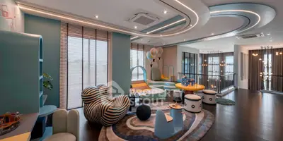 Luxurious modern living room with unique furniture and stylish lighting