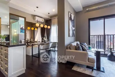 Modern open-plan living and dining area with city view balcony