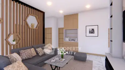 Modern living room with stylish decor and cozy seating area