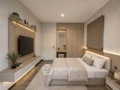 Modern bedroom with sleek design, featuring a cozy bed, built-in wardrobe, and ambient lighting.