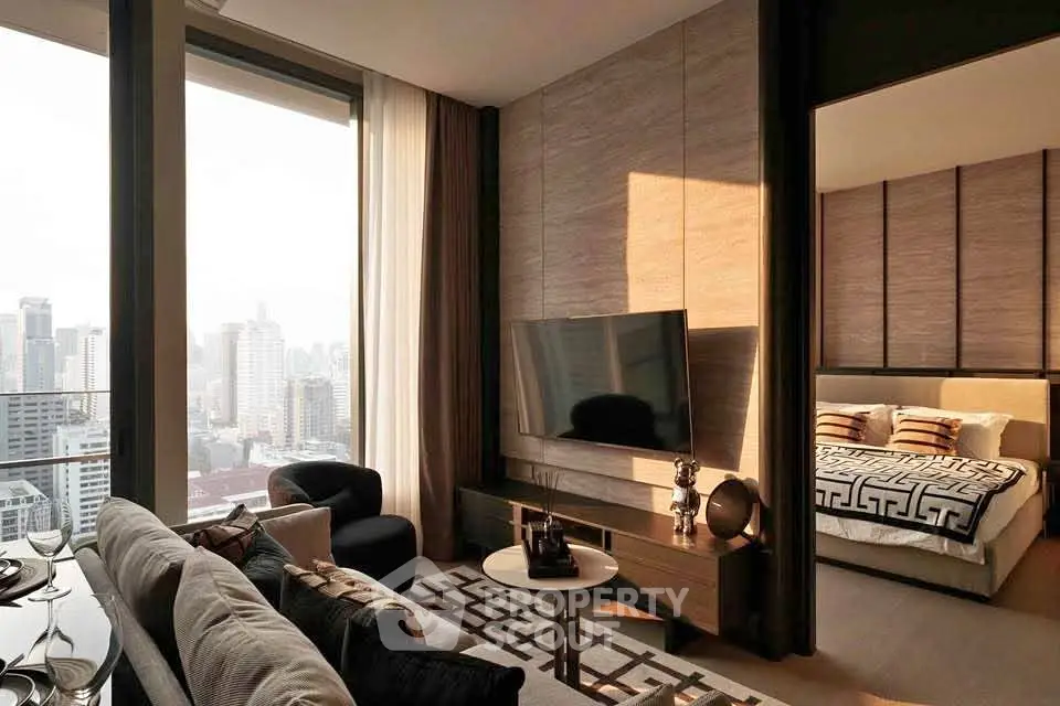 Luxurious modern living room with city view and elegant bedroom
