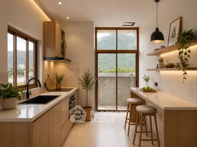 Modern kitchen with open layout and scenic view, featuring sleek cabinetry and stylish lighting.