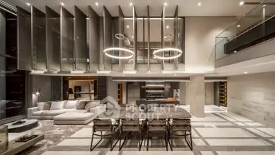 Luxurious modern living room with high ceilings and elegant dining area