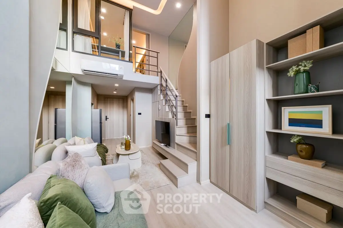 Luxurious modern living room with mezzanine and stylish decor