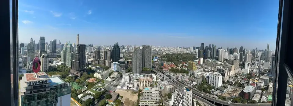 Stunning panoramic cityscape view from high-rise building, showcasing urban skyline and vibrant city life.