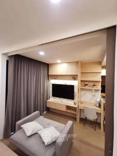 Modern living room with sleek furniture and built-in TV unit, perfect for stylish urban living.