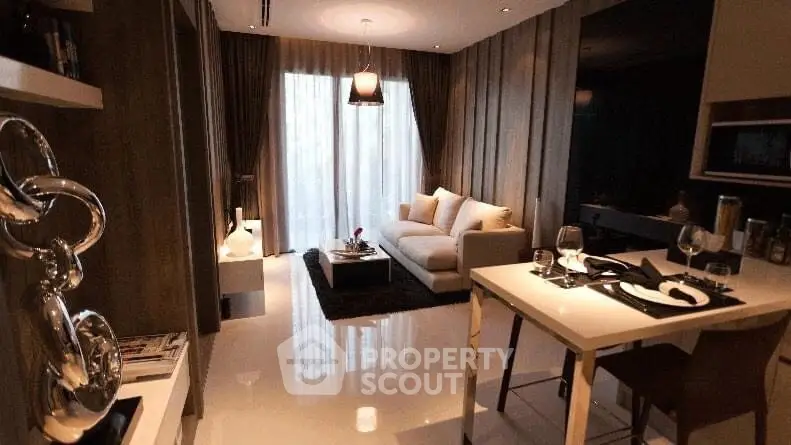 Luxurious modern living room with elegant decor and dining area, featuring floor-to-ceiling windows and stylish furnishings.