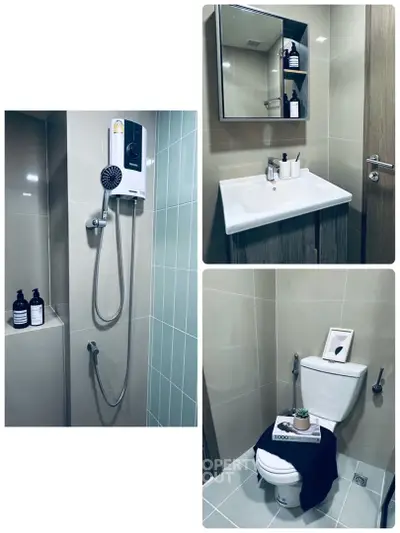 Modern bathroom with sleek fixtures and stylish decor, featuring a shower, sink, and toilet in a contemporary setting.