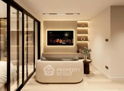 Modern living room with sleek design, featuring a cozy sofa, built-in shelves, and a wall-mounted TV.