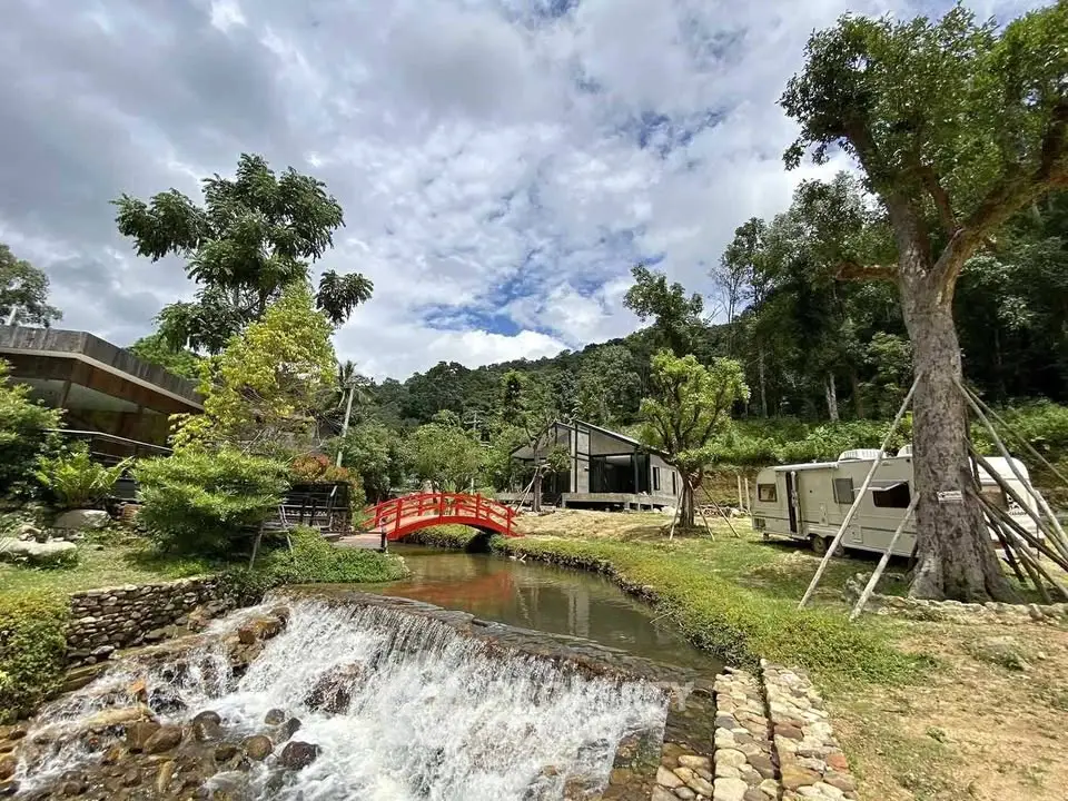 Scenic real estate property with lush greenery, stream, and modern architecture in tranquil setting.