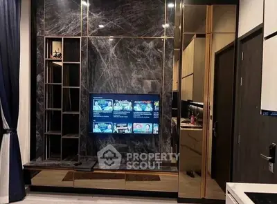 Luxurious modern living room with marble wall and built-in TV unit
