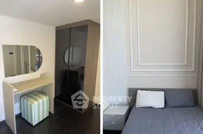 Modern bedroom with stylish decor and cozy ambiance, featuring a sleek wardrobe and comfortable bed.