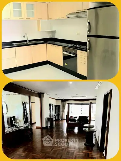 Spacious kitchen with modern appliances and elegant living room with wooden flooring.